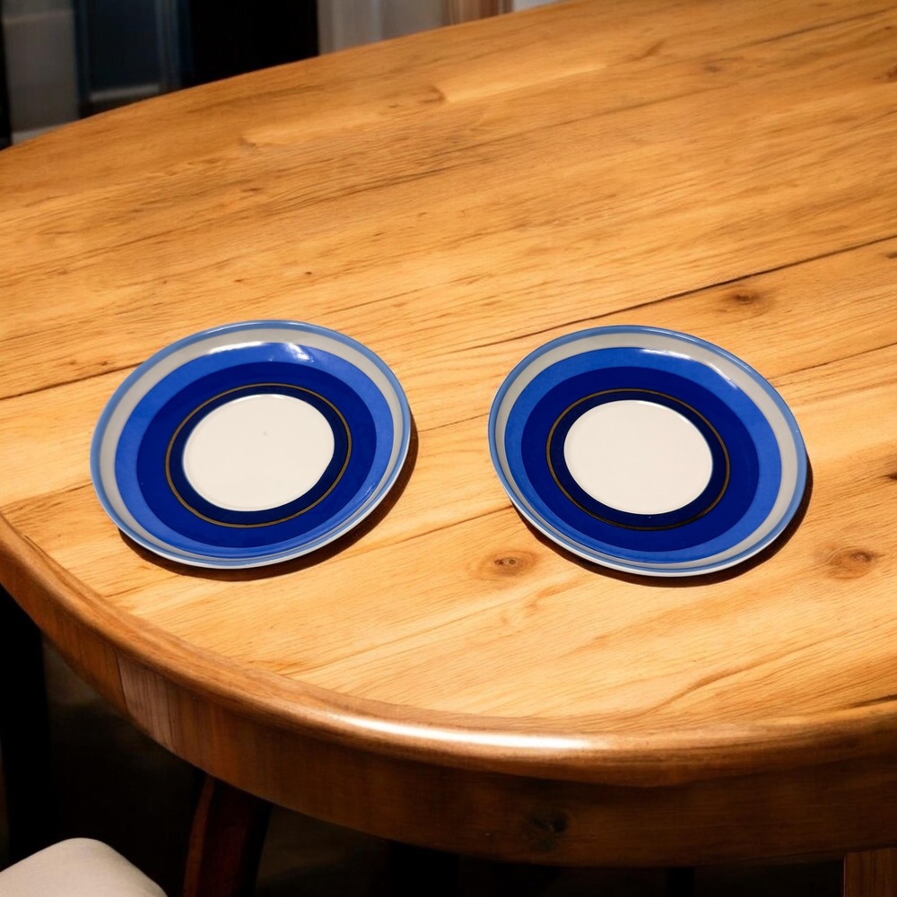 Set of 2 Pasabahce Blue Stripe Saucers 5.5" Turkish Glass Small Plates‎ No Chips